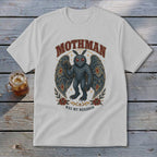 White t-shirt with Mothman graphic and text "MOTHMAN WAS MY NEIGHBOR."
