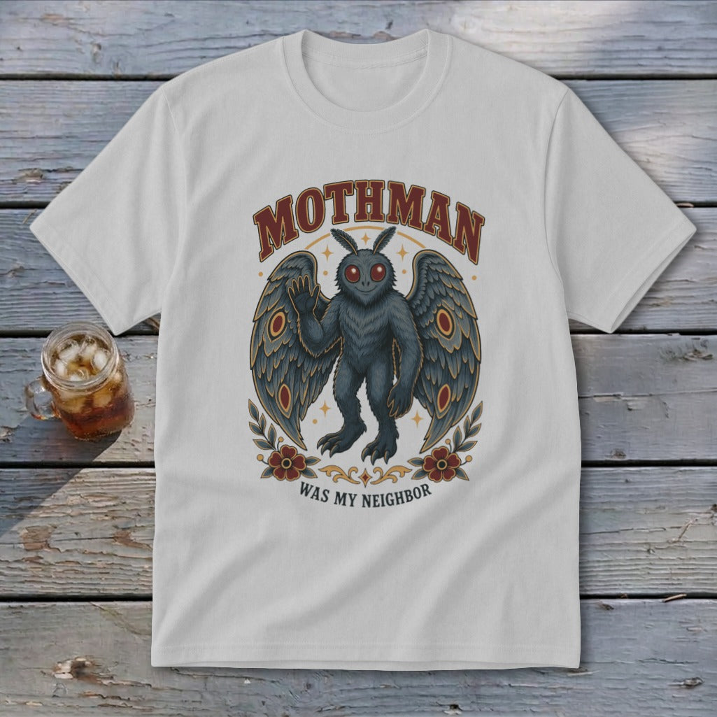 White t-shirt with Mothman graphic and text "MOTHMAN WAS MY NEIGHBOR."