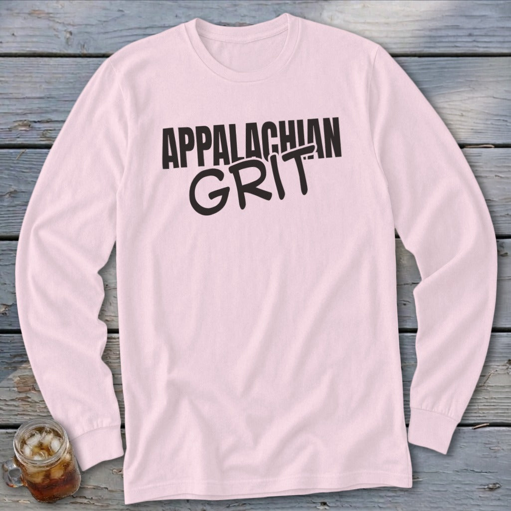 Pink long-sleeved shirt with "APPALACHIAN GRIT" text in black.