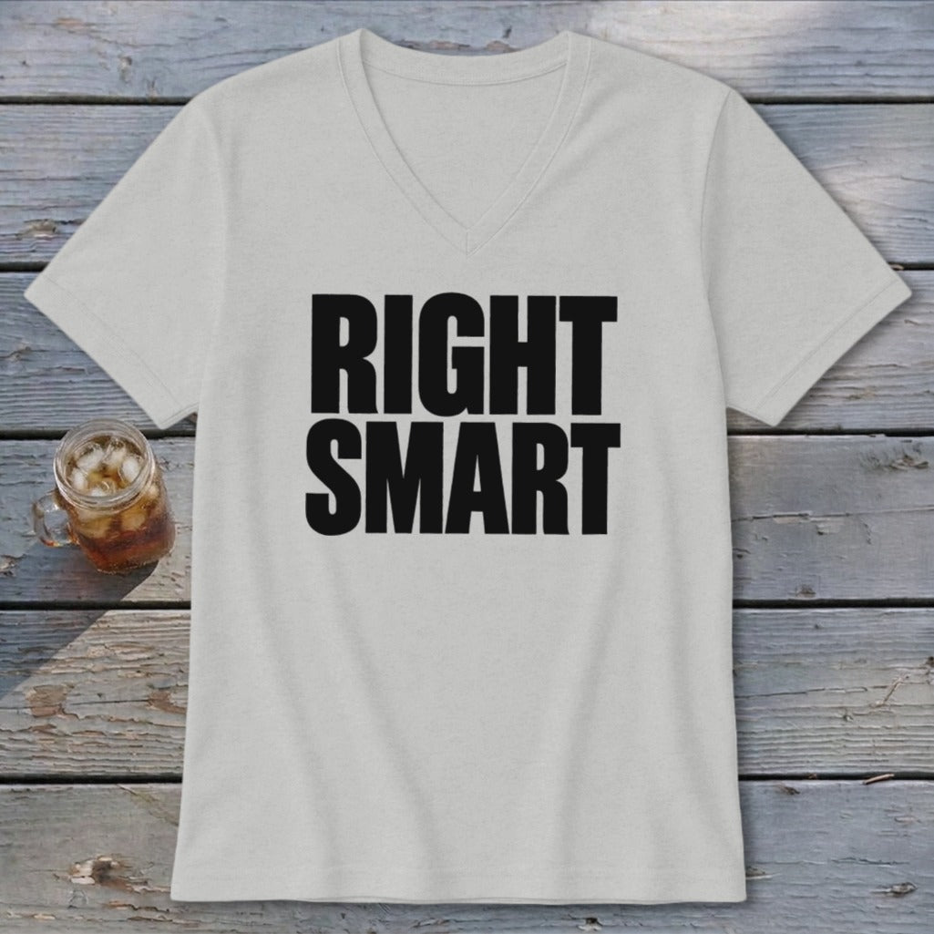 Light grey v-neck t-shirt with black text "RIGHT SMART"