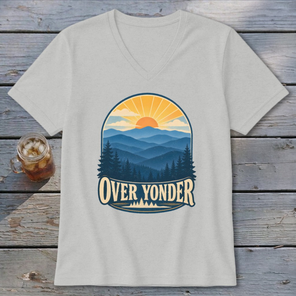 A light grey v-neck t-shirt featuring a retro mountain landscape graphic with the text OVER YONDER.
