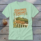 Mint green t-shirt with "Dulcimer Dreams" text, mountain landscape, and dulcimer.