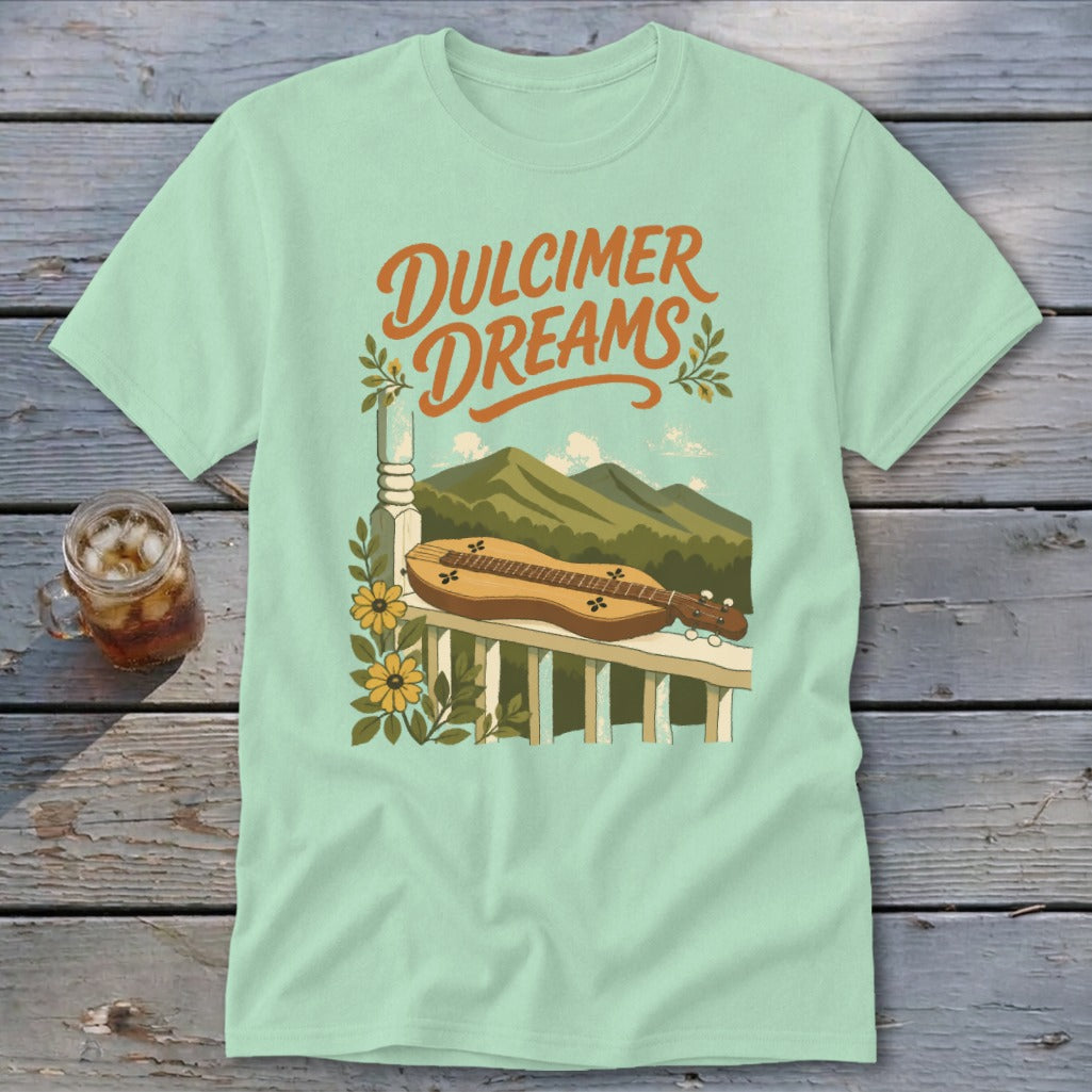 Mint green t-shirt with "Dulcimer Dreams" text, mountain landscape, and dulcimer.