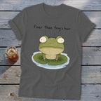 A dark gray t-shirt with a cartoon frog on a lily pad and the text "finer than frog's hair".