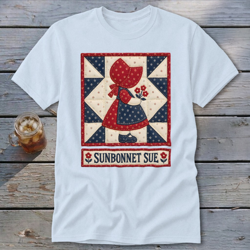 White t-shirt with Sunbonnet Sue quilted applique and text.
