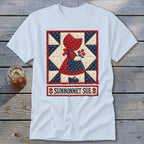 White t-shirt with Sunbonnet Sue quilted applique and text.