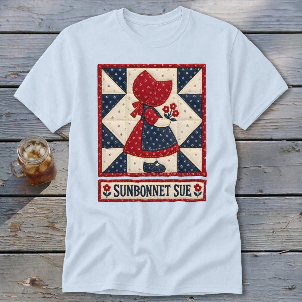 White t-shirt with Sunbonnet Sue quilted applique and text.