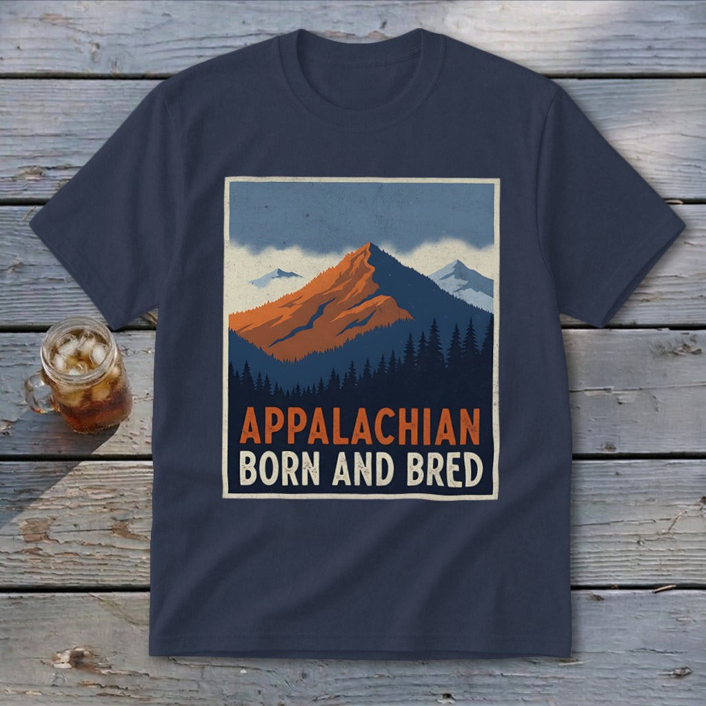 Dark blue t-shirt featuring a retro mountain graphic with the text Appalachian Born and Bred.