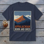 Dark blue t-shirt featuring a retro mountain graphic with the text Appalachian Born and Bred.