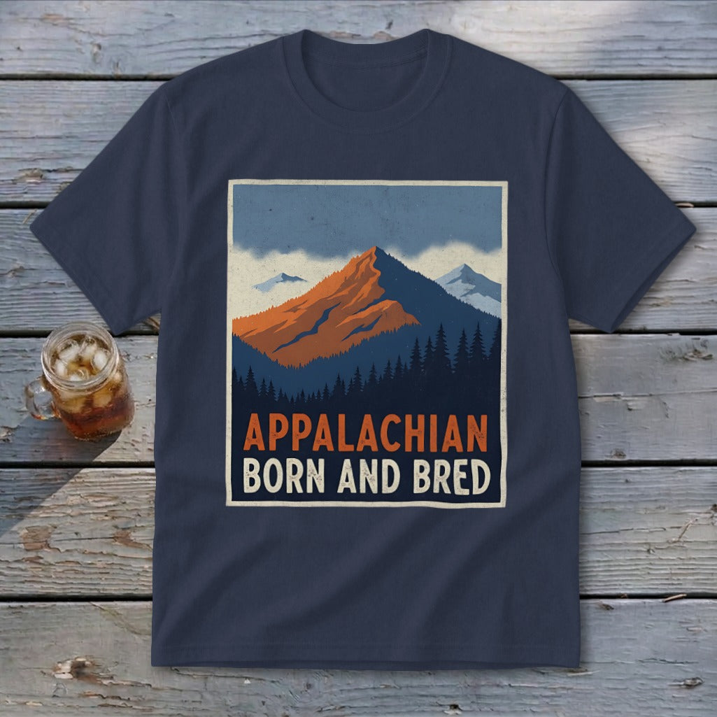 Dark blue t-shirt featuring a retro mountain graphic with the text Appalachian Born and Bred.