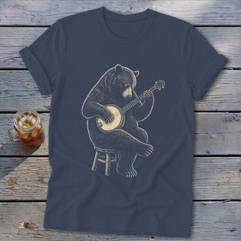 Bear sitting on a stool playing a banjo with detailed illustration.
