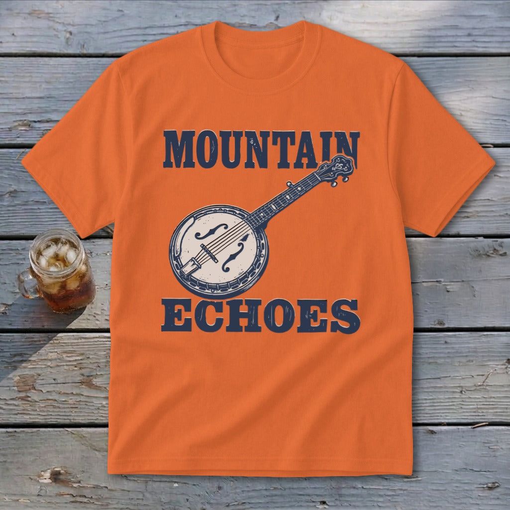 Bright orange crewneck t-shirt featuring a blue graphic of a banjo and the text Mountain Echoes.