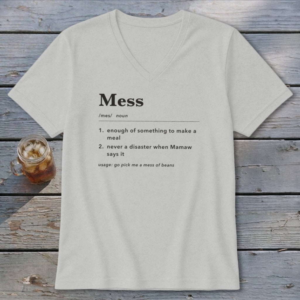 Light grey v-neck t-shirt with "Mess" definition and usage text.