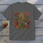 Dark grey t-shirt with a floral illustration of wildflowers and autumn leaves.