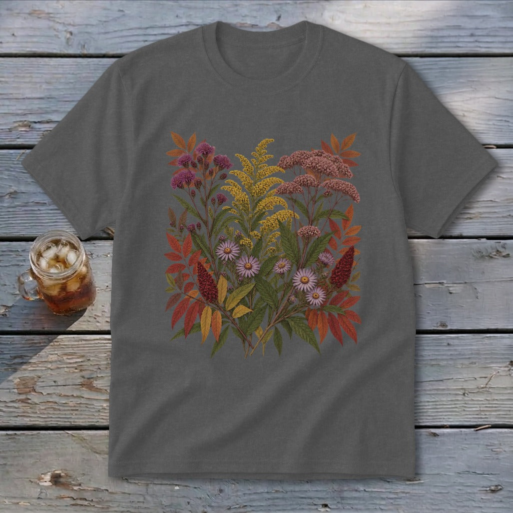 Dark grey t-shirt with a floral illustration of wildflowers and autumn leaves.