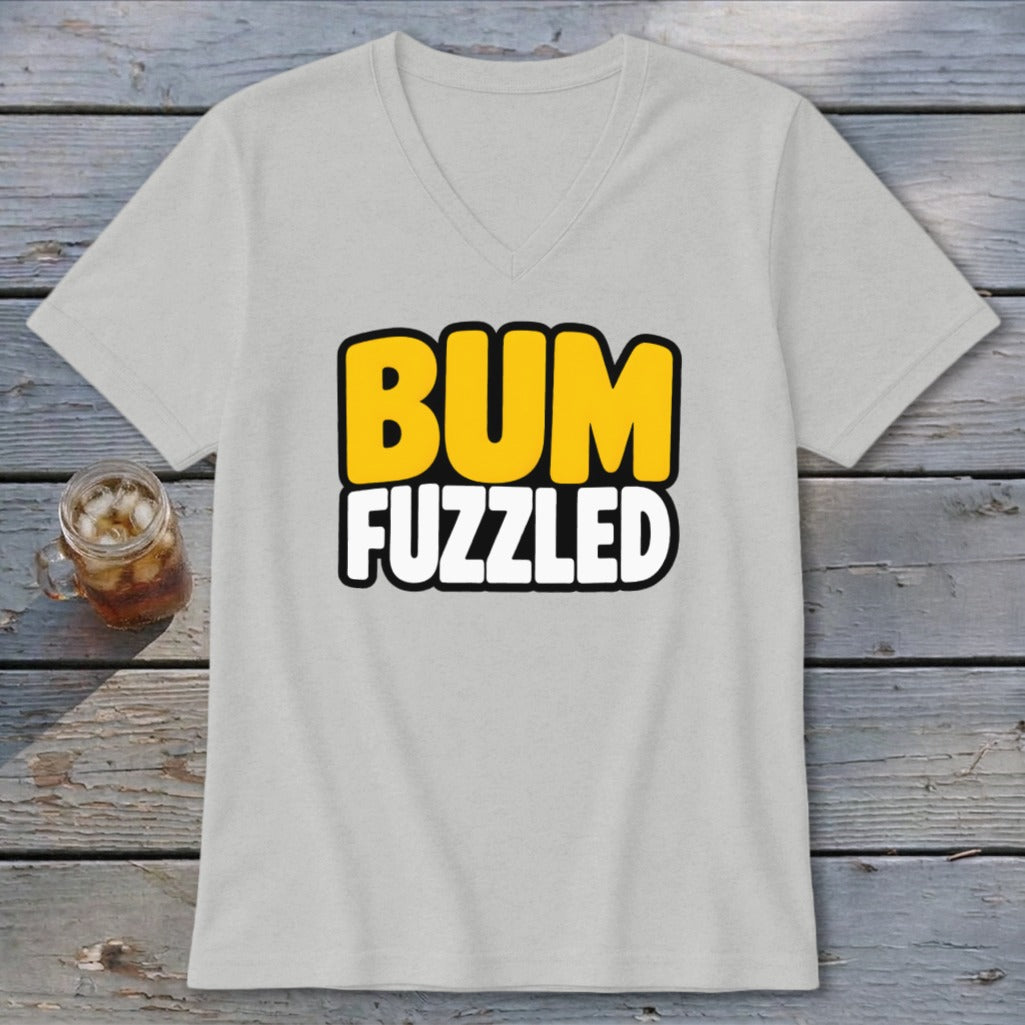 A light gray v-neck t-shirt with the words BUM FUZZLED printed in yellow and white on the front.
