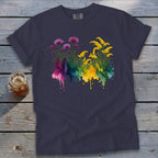 Navy t-shirt with watercolor floral design featuring purple and yellow flowers.