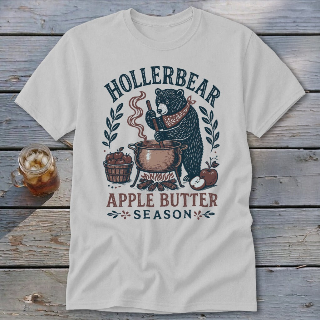 Bear making apple butter with text "Hollerbear Apple Butter Season".