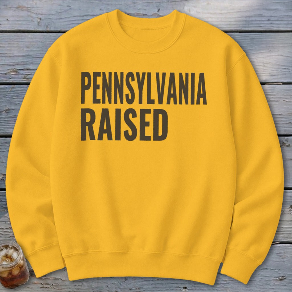 Yellow sweatshirt with "PENNSYLVANIA RAISED" text in dark gray.