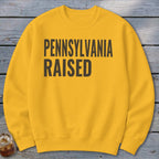 Yellow sweatshirt with "PENNSYLVANIA RAISED" text in dark gray.