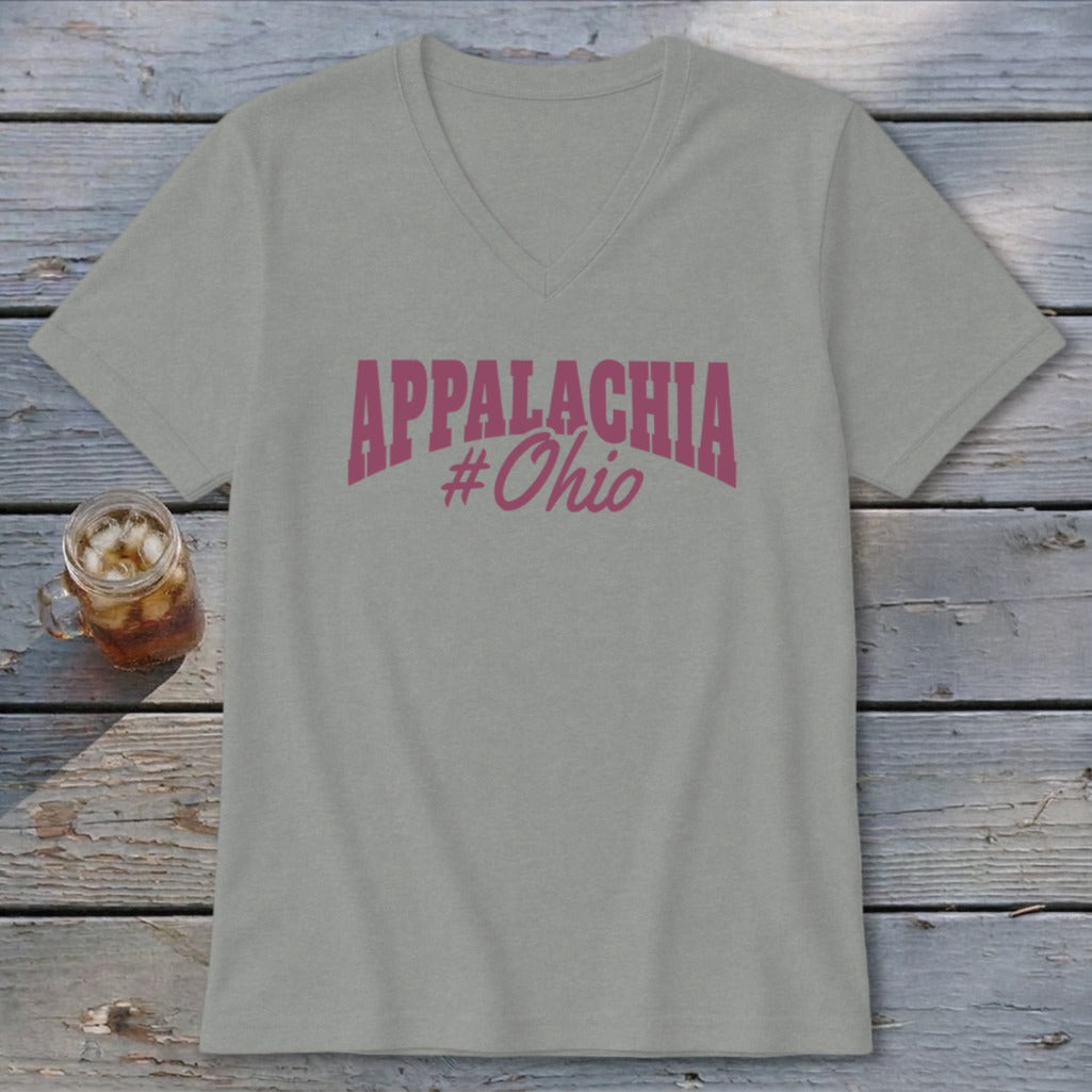 Grey v-neck t-shirt with pink "Appalachia #Ohio" graphic.