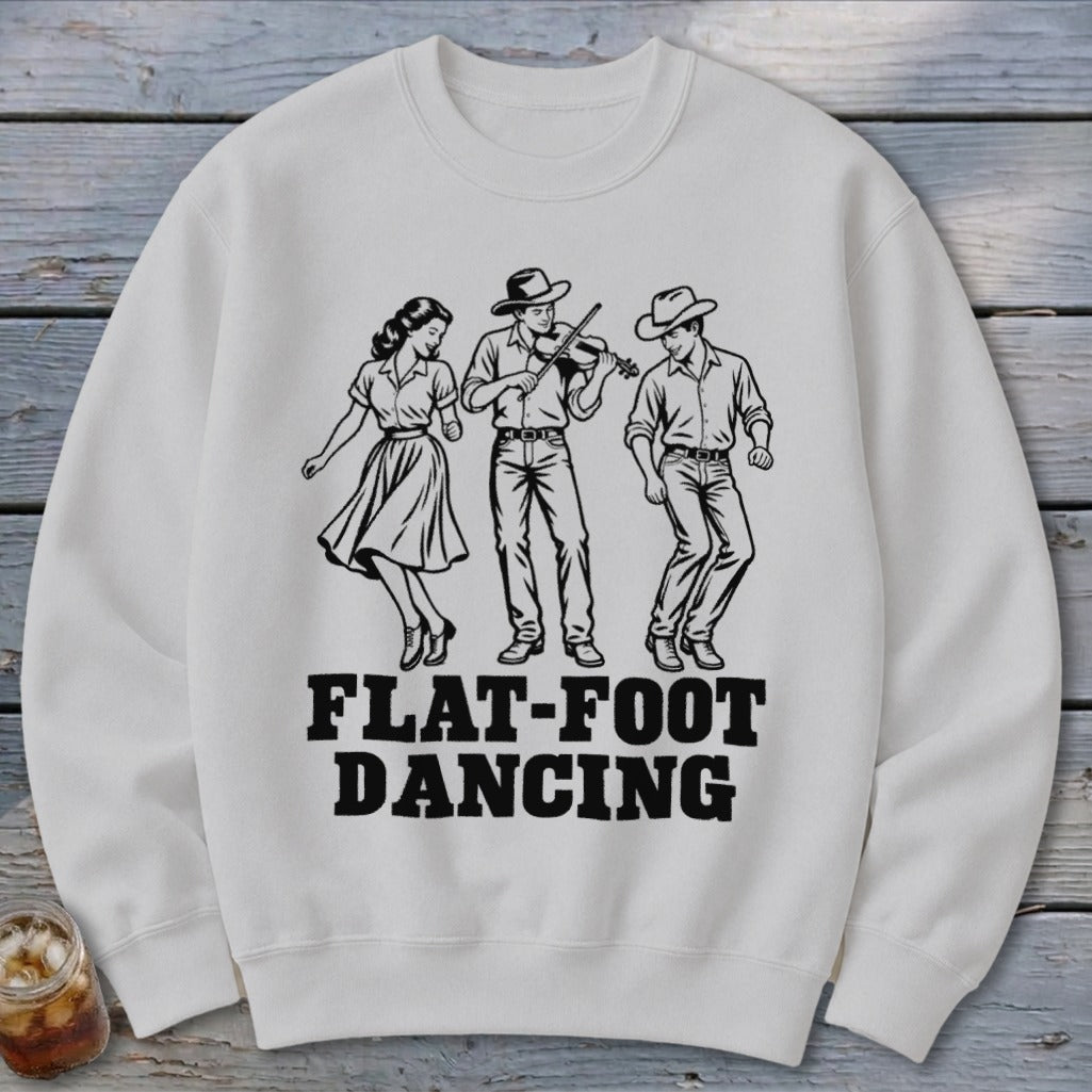 White sweatshirt with black graphic of three people flat-foot dancing and playing fiddle, text reads FLAT-FOOT DANCING.