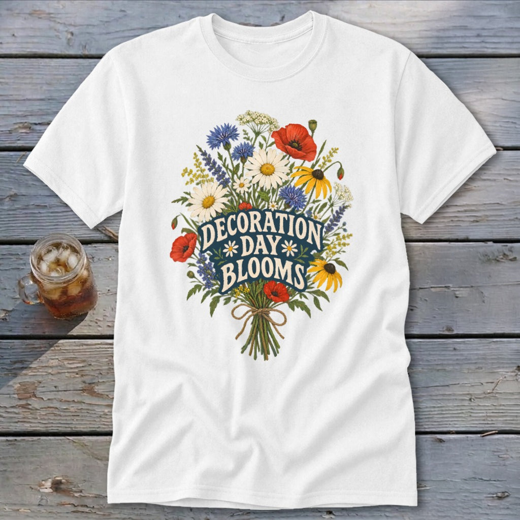 White t-shirt with "Decoration Day Blooms" text and a floral bouquet design.