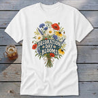 White t-shirt with "Decoration Day Blooms" text and a floral bouquet design.