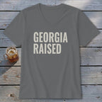 Gray v-neck t-shirt with "GEORGIA RAISED" text in beige.