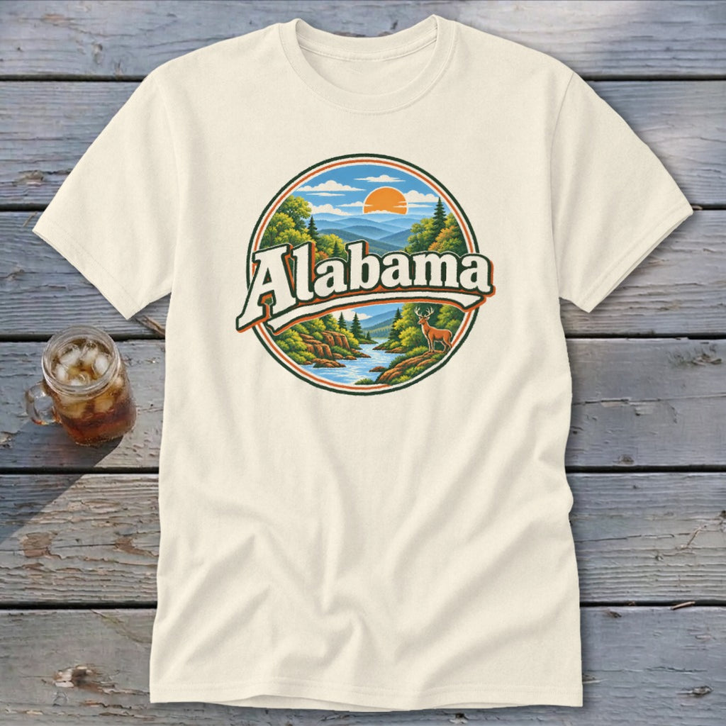 Cream t-shirt with circular graphic of Alabama landscape, river, and deer.