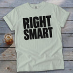 Light green t-shirt with black text "RIGHT SMART" and a glass of iced tea.