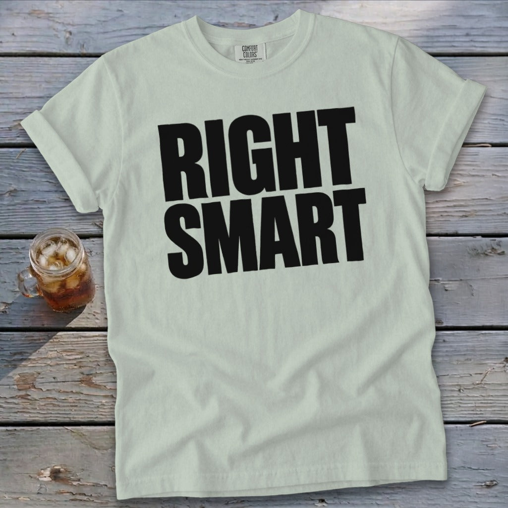 Light green t-shirt with black text "RIGHT SMART" and a glass of iced tea.