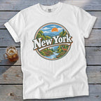 White t-shirt with a circular graphic of a New York landscape with a deer.