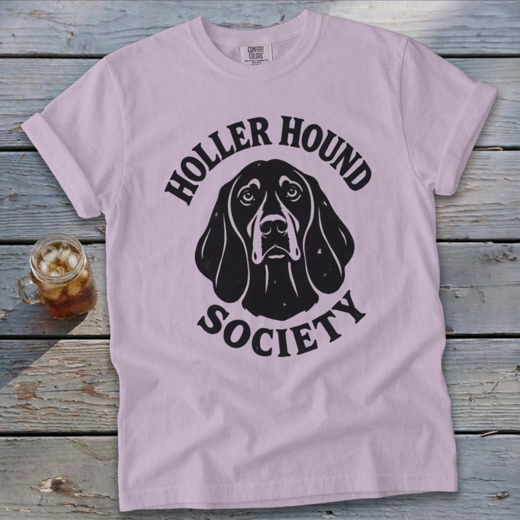 Light pink t-shirt with "Holler Hound Society" and dog graphic.
