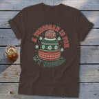 Brown t-shirt featuring a graphic of a winter hat with text reading A TOBOGGAN IS FOR MY NOGGAN.