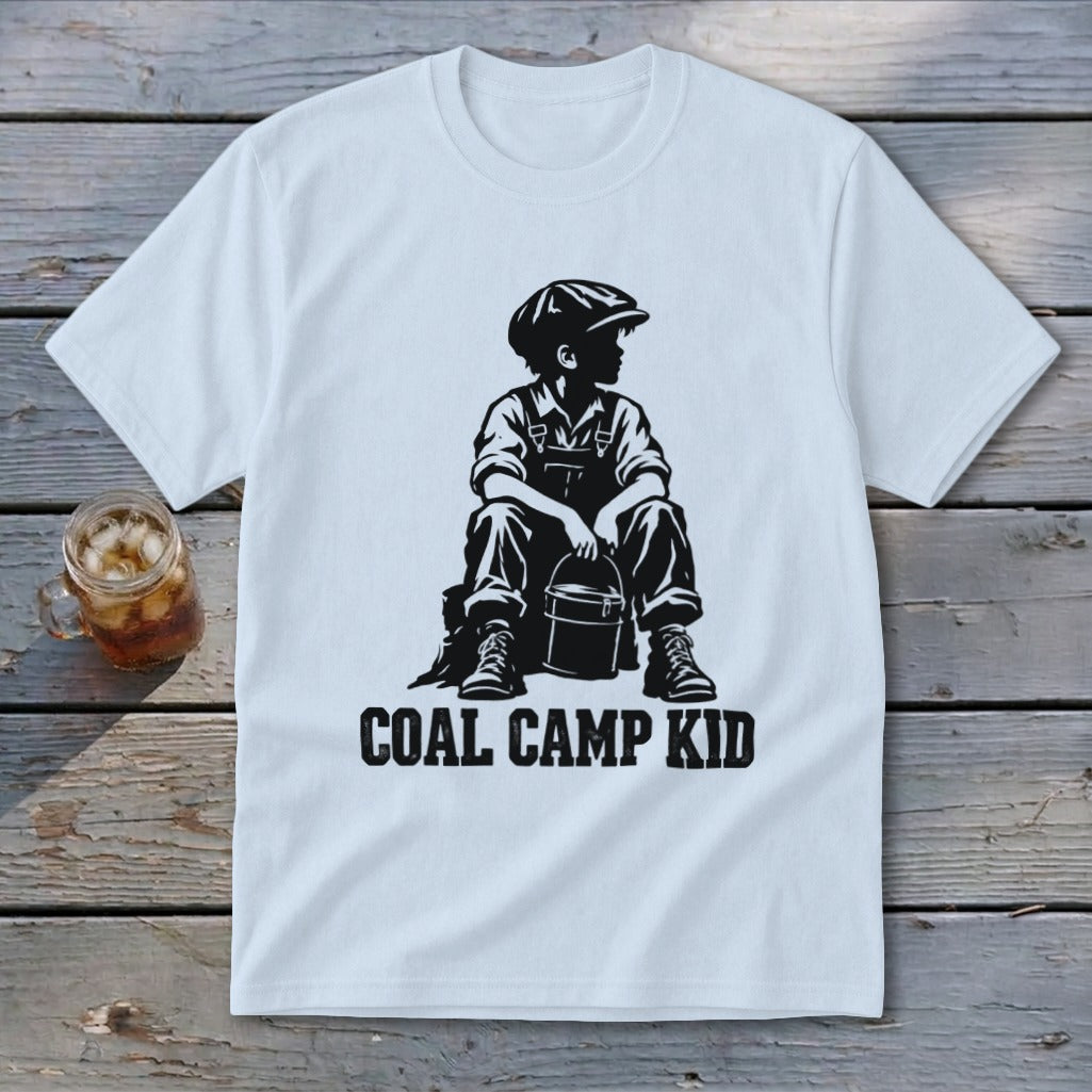 White t-shirt with "Coal Camp Kid" text and silhouette of a boy with a bucket.