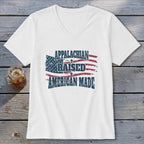 White v-neck t-shirt with "Appalachian Raised American Made" text and distressed American flag.