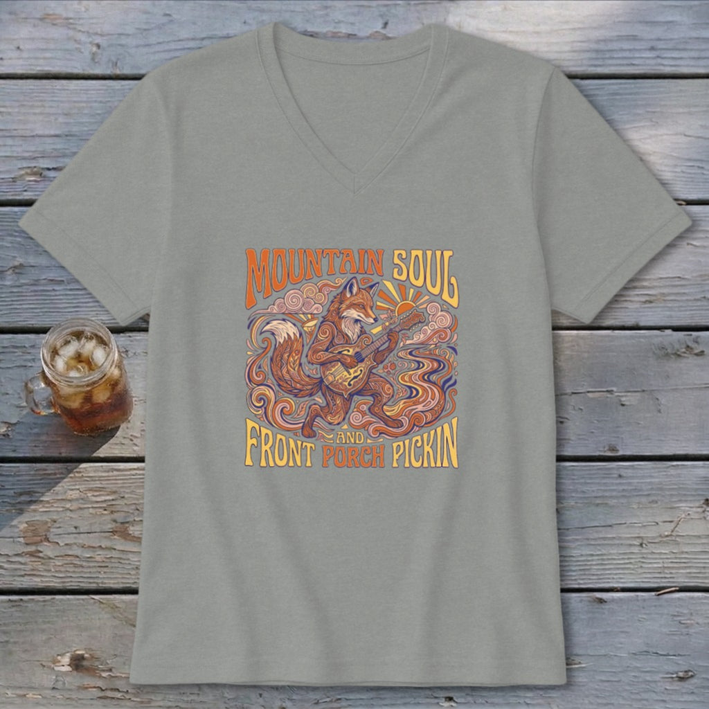 T-shirt with a v-neck and a graphic of a fox playing a guitar, "Mountain Soul" and "Front Porch Pickin'" text.