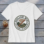 White v-neck t-shirt with "Holler Wifi" graphic and mountains.