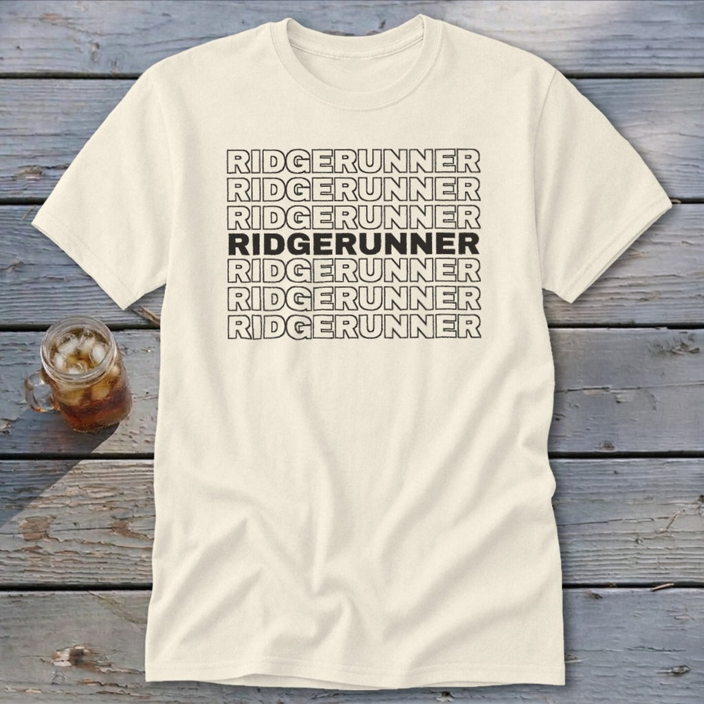 Cream t-shirt with "RIDGERUNNER" repeated seven times in black text.