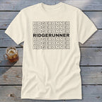 Cream t-shirt with "RIDGERUNNER" repeated seven times in black text.