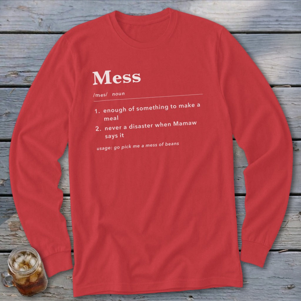 Red long-sleeve shirt with "Mess" definition and usage text.