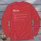 Red long-sleeve shirt with "Mess" definition and usage text.