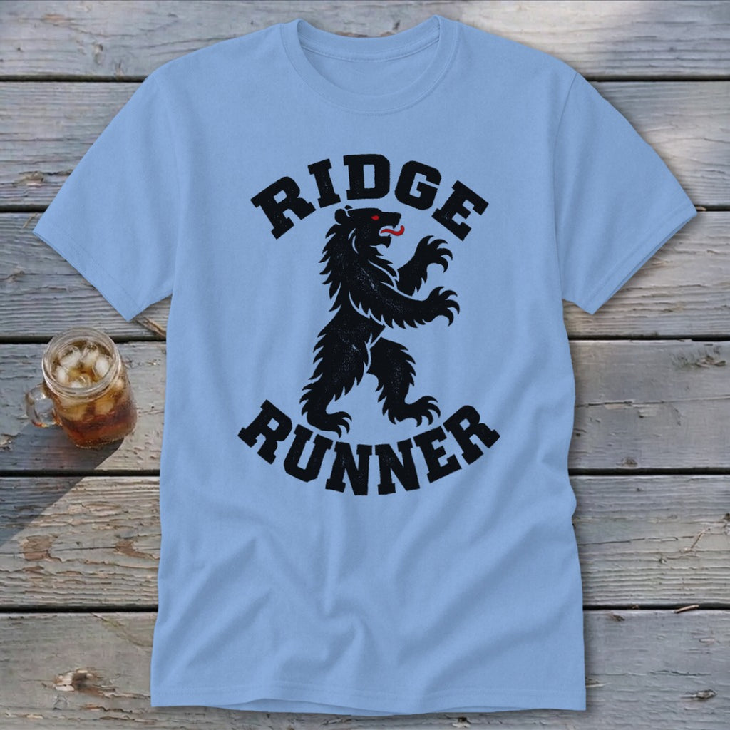 Light blue t-shirt with black "RIDGE RUNNER" text and a black bear graphic.