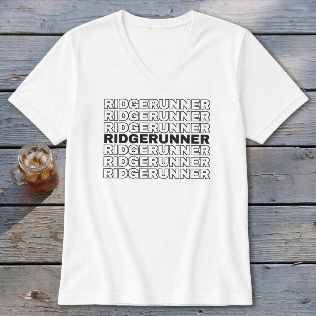 White V-neck t-shirt with "RIDGERUNNER" repeated seven times.