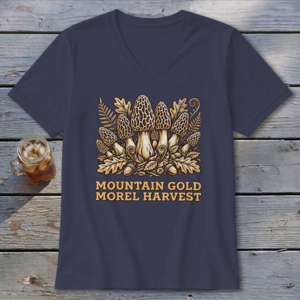 T-shirt with morel mushrooms, acorns, and fern graphic with "MOUNTAIN GOLD MOREL HARVEST" text.