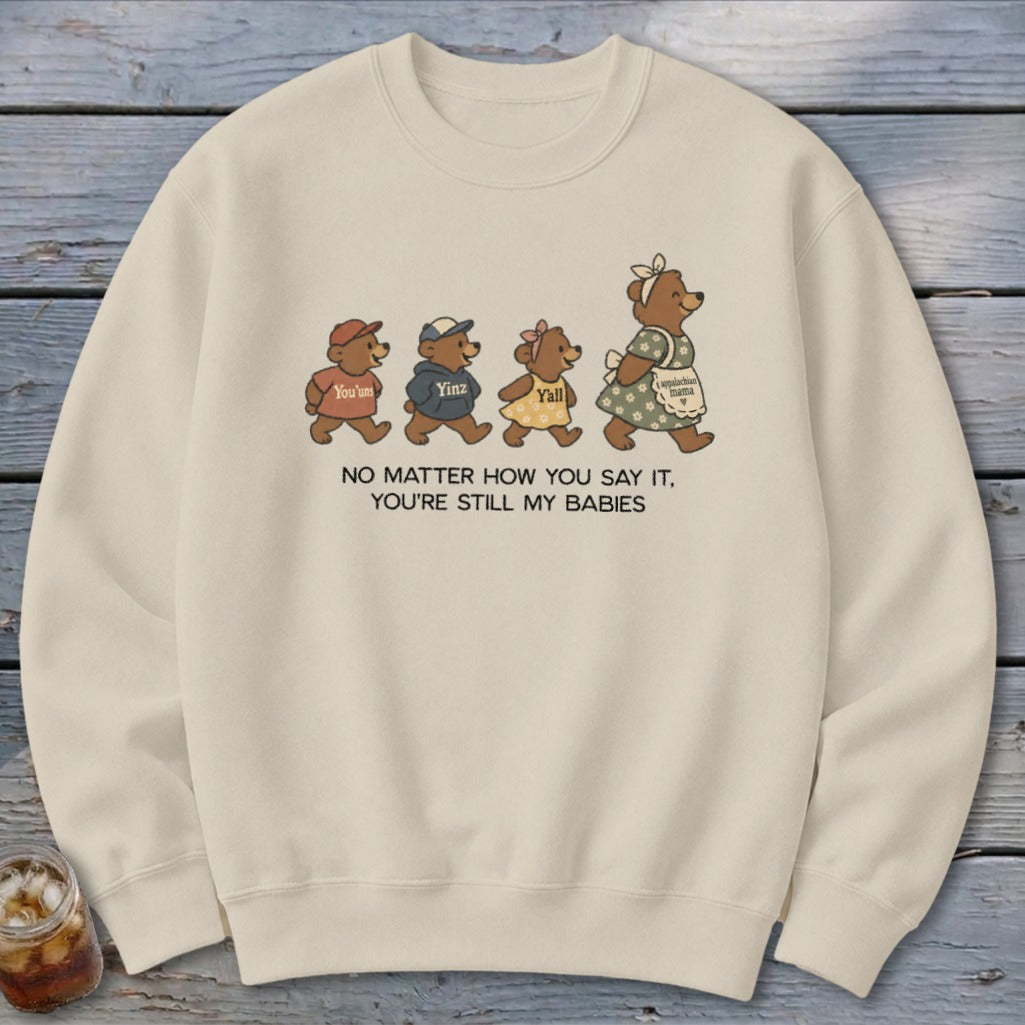 Crewneck sweatshirt with bears walking, featuring text "You'uns," "Yinz," "Y'all," and "appalachian mama."