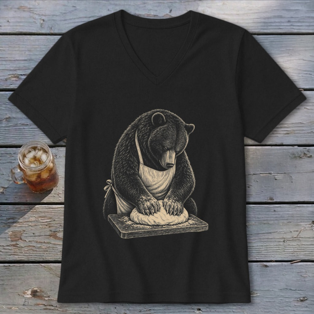 Black t-shirt with a bear wearing an apron, kneading dough on a wooden board.