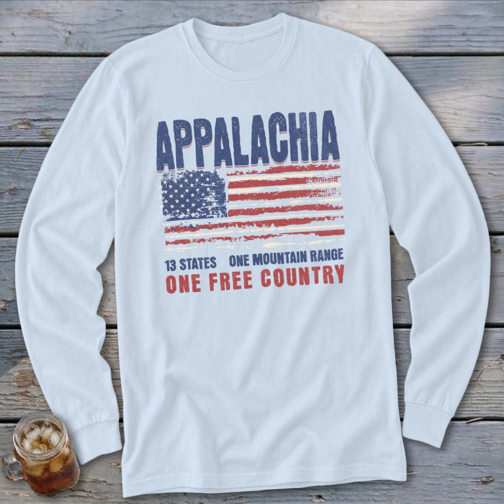 Light blue long-sleeve t-shirt with a distressed graphic of the American flag and Appalachia text.