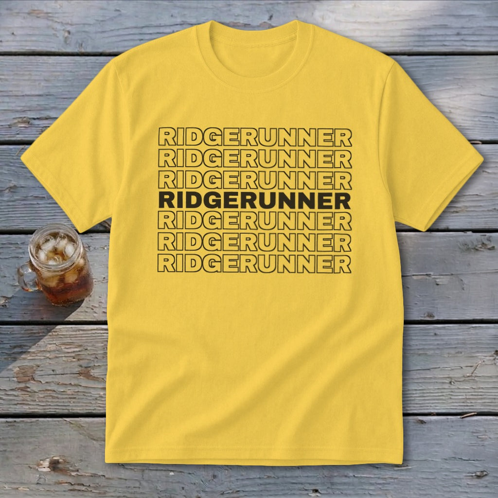 Yellow t-shirt with black text repeating "RIDGERUNNER", middle line bolded.